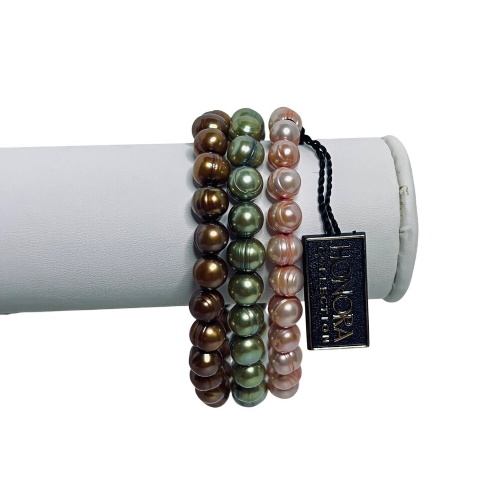 Set OF 3 Honora Freshwater Pearl Stretch Bracelets Brown, Green And Peach (5956)